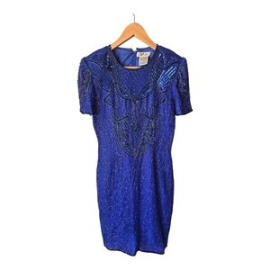 VTG Blue 100% Silk Beaded Dress Sz 8 Women Blue Sequined Formal Elegant Y2k